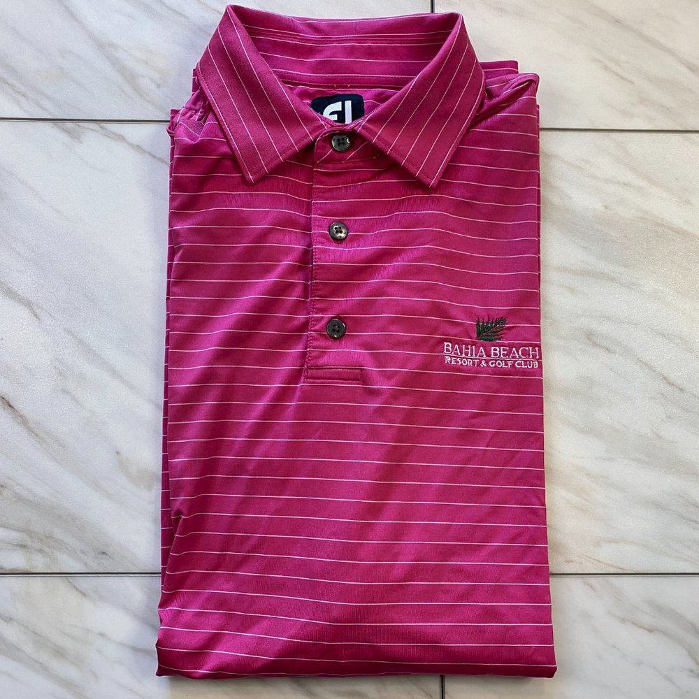 FootJoy Performance Golf Polo Pink White Stripe Troon Prive Bahia Beach Large L